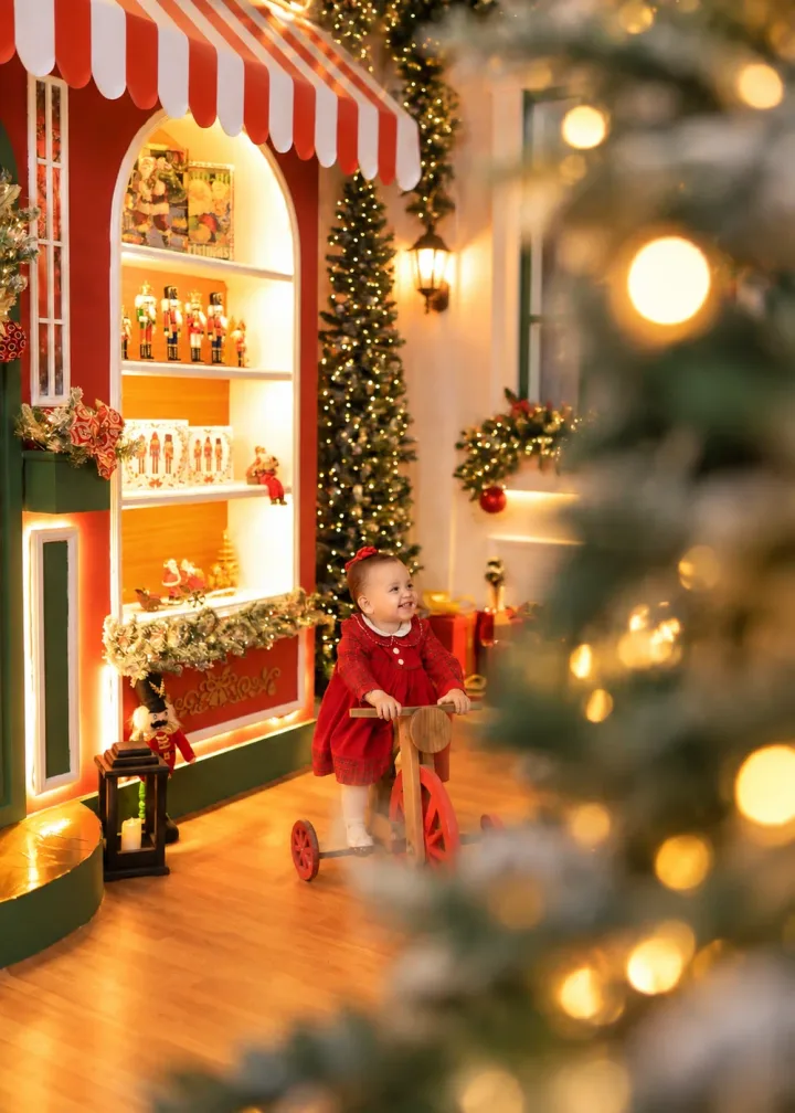 Bebê em vestido xadrez andando no triciclo de madeira vintage em frente à vitrine iluminada da Vila de Natal