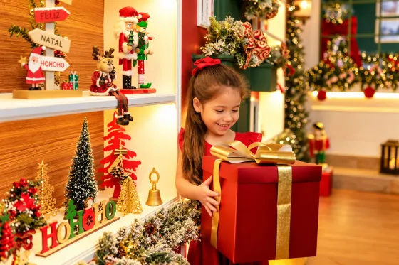 Menina de vermelho segurando grande presente natalino com laço dourado na prateleira da Vila de Natal