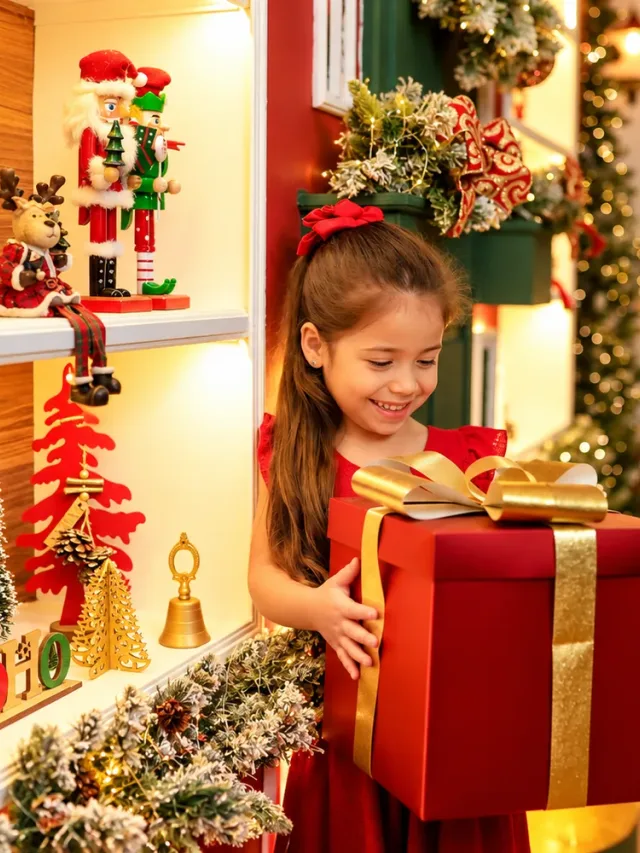 Menina de vermelho segurando grande presente natalino com laço dourado na prateleira da Vila de Natal