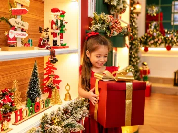 Menina de vermelho segurando grande presente natalino com laço dourado na prateleira da Vila de Natal