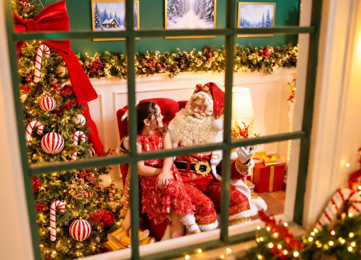 Papai Noel com figurino clássico e barba real conversando com menina na poltrona vermelha visto pela janela