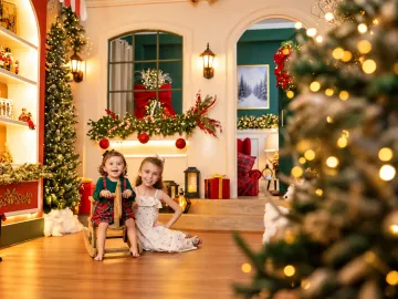 Duas irmãs no cenário da Vila de Natal no Estúdio Evydência em Tijucas: bebê no cavalinho de pau e menina sorrindo ao lado