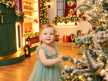 Bebê em vestido verde tocando as luzes da árvore de Natal com bokeh dourado no Estúdio Evydência em Tijucas